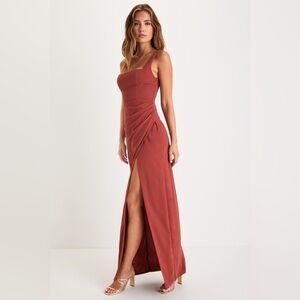 NEW Lulus Glamorous Disposition Rust Red Ruched Maxi Dress, Large